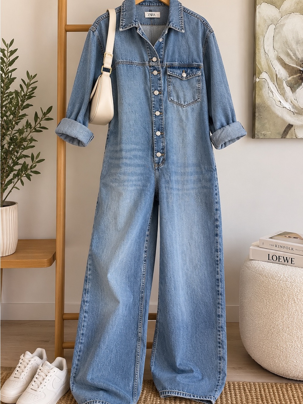 ZARA Light Blue Denim Wide-Leg Overalls